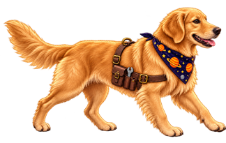 Golden retriever wearing a dark planet bandana and practical tool belt